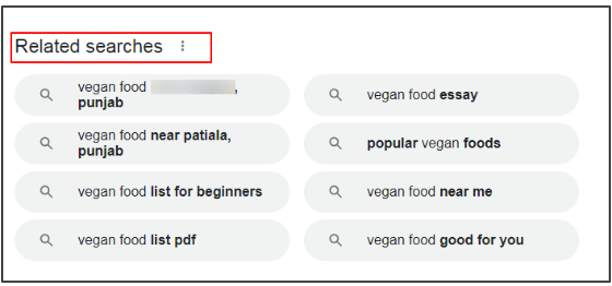 Google related search for keyword vegan food