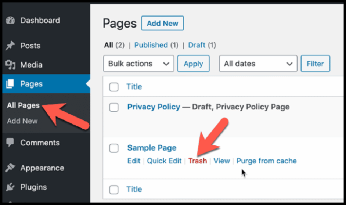 delete default WordPress post, page and comment