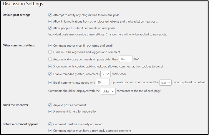 comment and discussion settings for wordpress