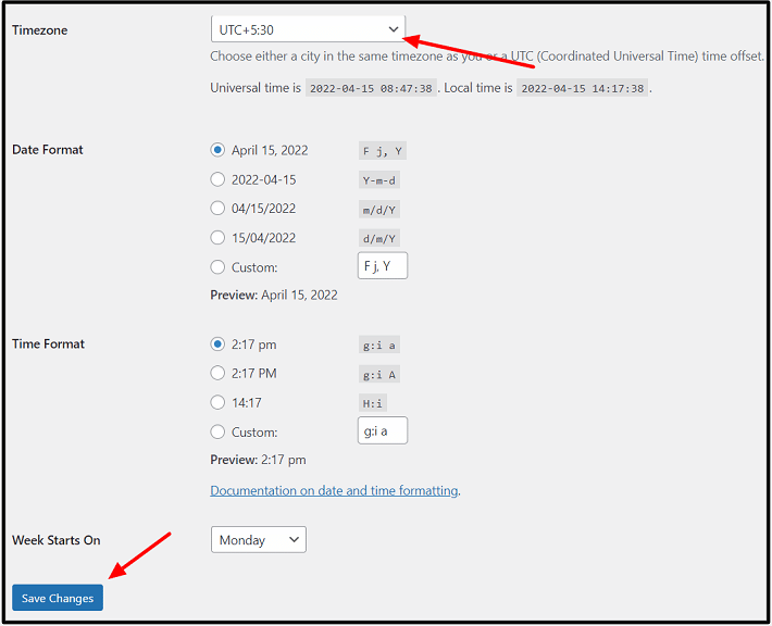 date and time settings for new WordPress blog