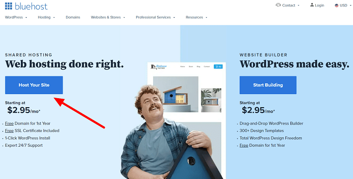 purchase Bluehost hosting for starting a new WordPress blog