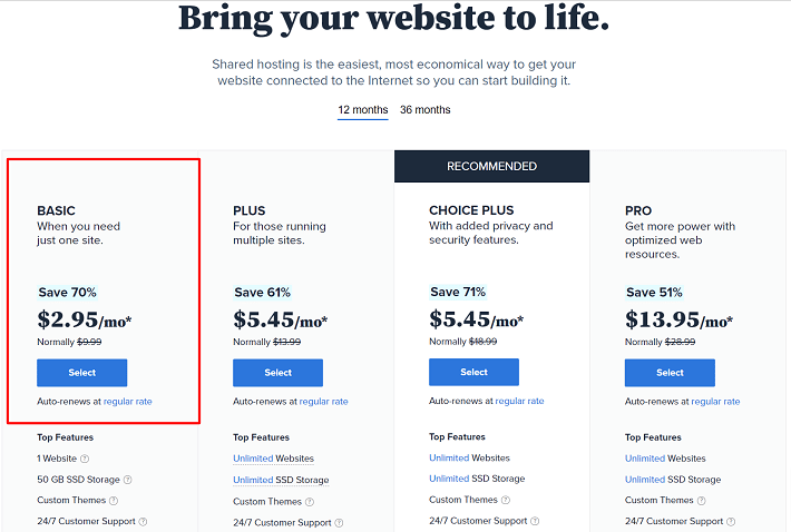 select your Bluehost hosting plan