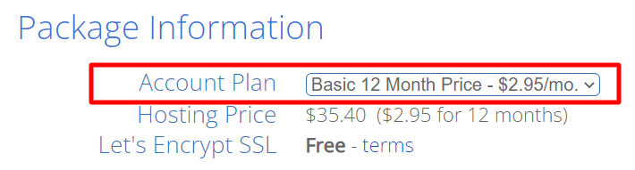 package information for Bluehost hosting