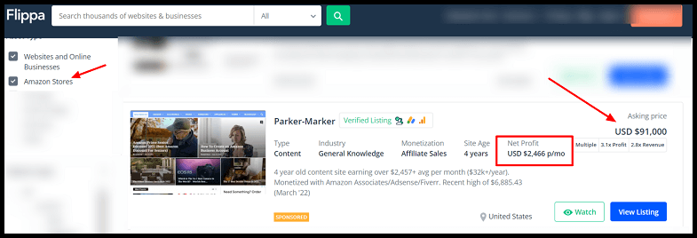 checking monetization potential in the niche using flippa