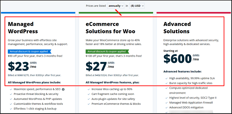 WP Engine managed WordPress hosting pricing