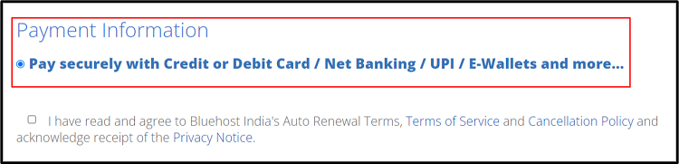Bluehost Indian payment options