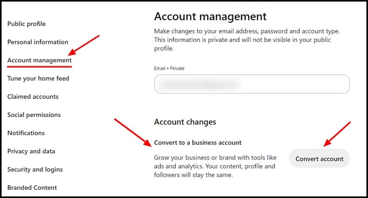 convert Pinterest personal profile to business account