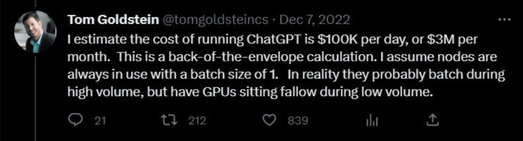 chatgpt stats cost to run