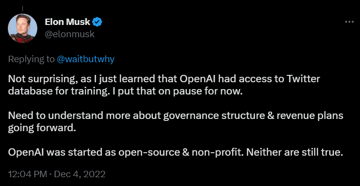 Elon musk paused openai's twitter database access