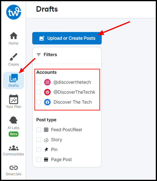 upload or create posts on tailwind