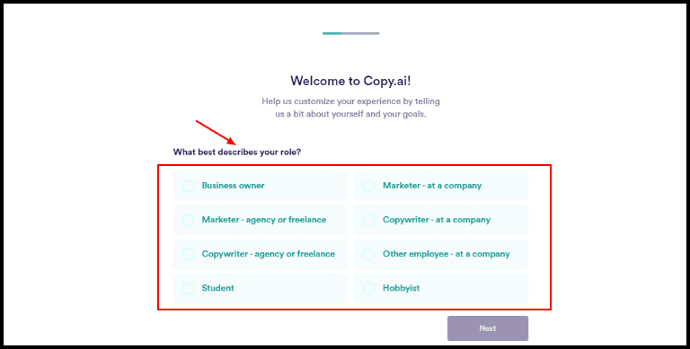 survey copy.ai while signup