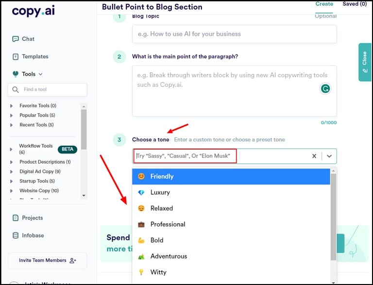 choose content tone with copy.ai