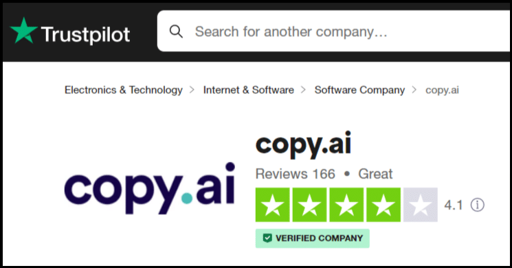 copy ai review and ratings by customers trustpilot