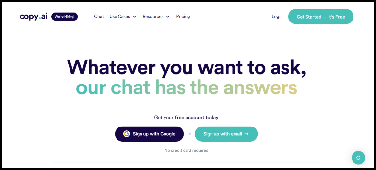 Copy ai Signup homepage