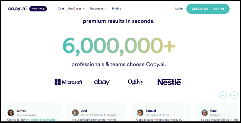 Copy.ai review 2023 homepage