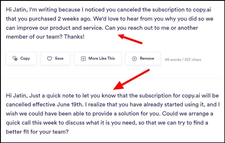 follow up email copies using copy.ai