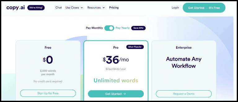 copy.ai pricing and plans