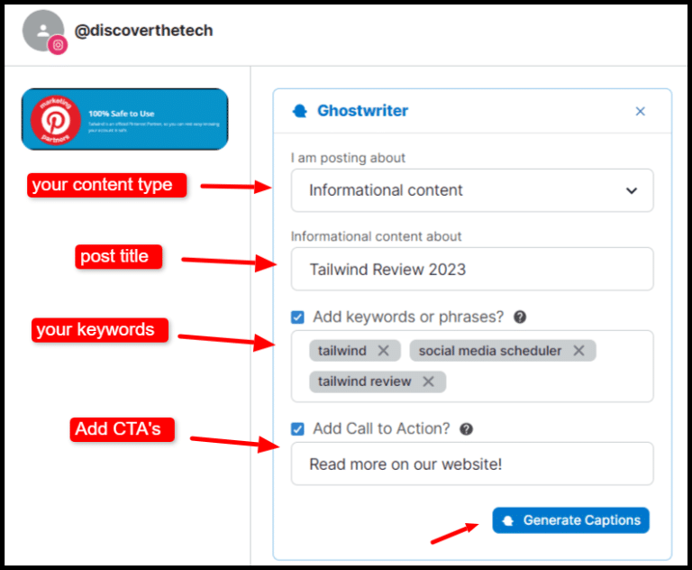 using tailwind ghostwriter for generating social media description