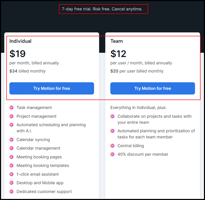 motion app pricing and plans
