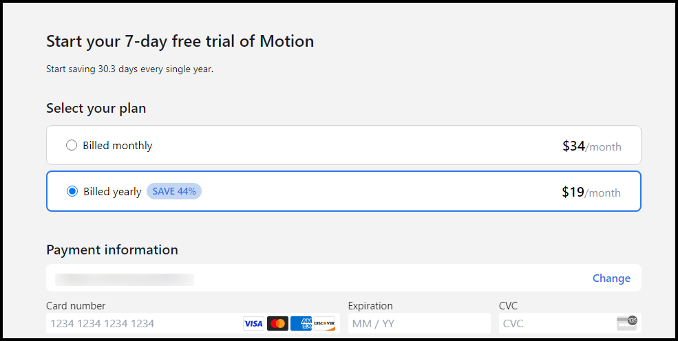 Motion app free trial billing annual plan