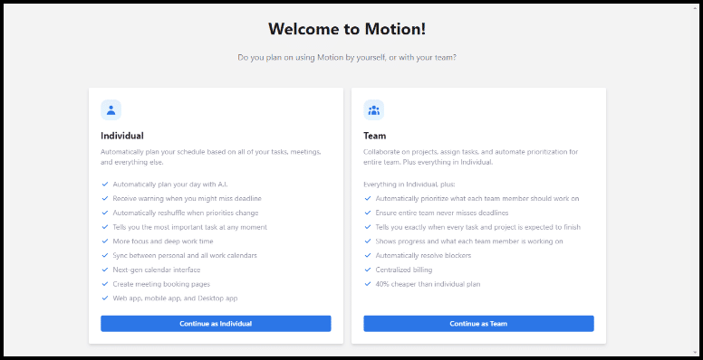 Motion plans and opting options for individual and teams