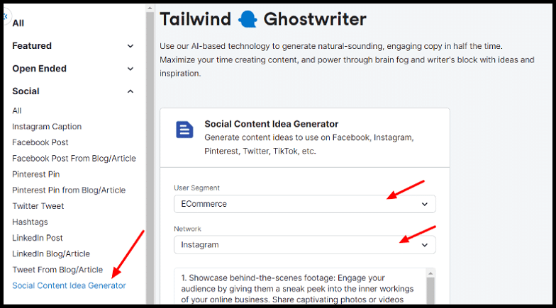 tailwind social content idea generator